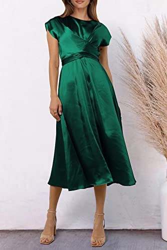 PRETTYGARDEN Women's 2023 Summer Satin Midi Dress Cap Sleeve Tie Waist Elegant A-Line Flowy Dresses (Dark Green,Large)