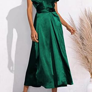 PRETTYGARDEN Women's 2023 Summer Satin Midi Dress Cap Sleeve Tie Waist Elegant A-Line Flowy Dresses (Dark Green,Large)