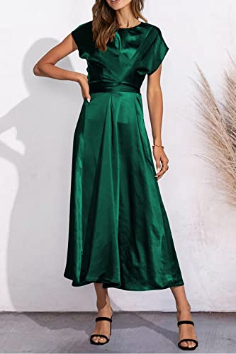 PRETTYGARDEN Women's 2023 Summer Satin Midi Dress Cap Sleeve Tie Waist Elegant A-Line Flowy Dresses (Dark Green,Large)