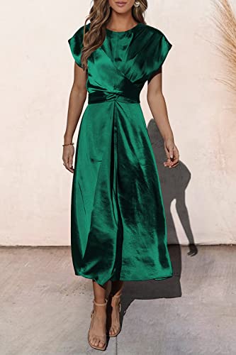 PRETTYGARDEN Women's 2023 Summer Satin Midi Dress Cap Sleeve Tie Waist Elegant A-Line Flowy Dresses (Dark Green,Large)
