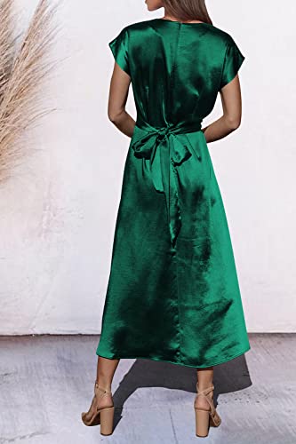 PRETTYGARDEN Women's 2023 Summer Satin Midi Dress Cap Sleeve Tie Waist Elegant A-Line Flowy Dresses (Dark Green,Large)