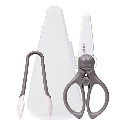 MOTHER-K Portable Ceramic Scissors with Tong Set, Ceramic Scissors for Baby Food with Protective Blade Cover and Portable Case, Safety Lock (GREY)