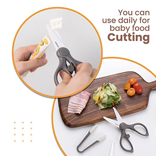 MOTHER-K Portable Ceramic Scissors with Tong Set, Ceramic Scissors for Baby Food with Protective Blade Cover and Portable Case, Safety Lock (GREY)