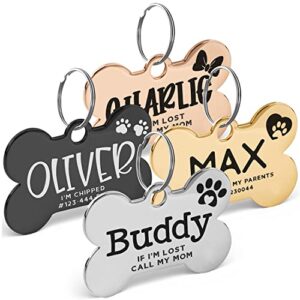 stainless steel engraved pet id tags for dogs - 4 color & 5 shape options, up to 7 lines, personalized w/ 20 icons, name, address, phone number #bone