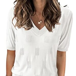Arach&Cloz Womens Fashion Spring Summer Tops 2023 Trendy Short Sleeve Sweaters V Neck Lightweight Thin Knit Pullover (Off White, Small)
