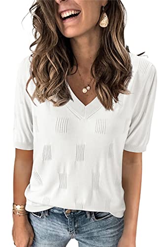 Arach&Cloz Womens Fashion Spring Summer Tops 2023 Trendy Short Sleeve Sweaters V Neck Lightweight Thin Knit Pullover (Off White, Small)