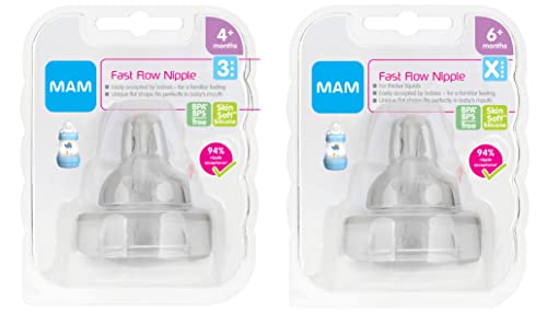 MAM Bottle Nipples Fast Flow Nipple Level 3 & Extra Fast Flow Nipple Level 4 (Set of 4), for 4+ and 6+ Months, SkinSoft Silicone Nipples for Baby Bottles, Fits All MAM Bottles