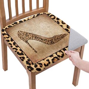 Stretch Chair Seat Cover-Set of 4, Sexy Leopard High Heel Shoe Kitchen Chair Slipcovers Washable Removable Cushion Protector for Dining Room Party Decor-Retro Wildlife Animal Skin