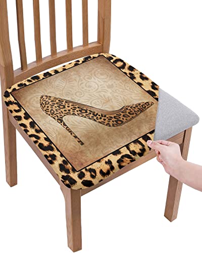 Stretch Chair Seat Cover-Set of 4, Sexy Leopard High Heel Shoe Kitchen Chair Slipcovers Washable Removable Cushion Protector for Dining Room Party Decor-Retro Wildlife Animal Skin