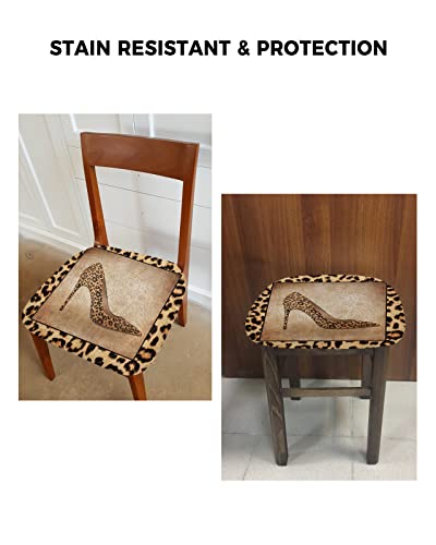 Stretch Chair Seat Cover-Set of 4, Sexy Leopard High Heel Shoe Kitchen Chair Slipcovers Washable Removable Cushion Protector for Dining Room Party Decor-Retro Wildlife Animal Skin