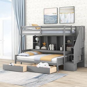 polibi twin xl over full bunk bed with built-in storage shelves, drawers and staircase, solid wood bunk bed frame with full length guardrail, grey