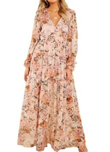women's long sleeve floral maxi dress v neck casual long dresses cocktail beach party maxi dress pink