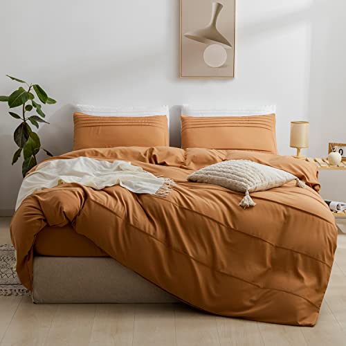 JELLYMONI Queen Size Rust Duvet Cover Set - 3PCS Microfiber Bedding Set, Stylish Pleated Design, 8 Corner Ties & Zipper Closure, Ultra Soft and Comfortable