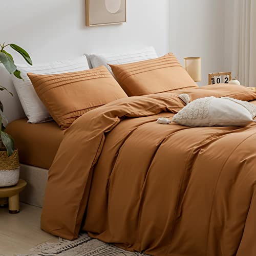 JELLYMONI Queen Size Rust Duvet Cover Set - 3PCS Microfiber Bedding Set, Stylish Pleated Design, 8 Corner Ties & Zipper Closure, Ultra Soft and Comfortable