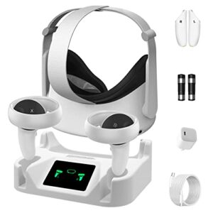 vr charging station for oculus/meta quest 2, charging dock stand set with 2 rechargeable batteries(support elite strap), magnetic charging headset and touch charging controller, usb-c charger cable