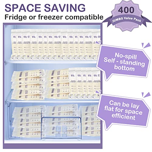 400 Count Breastmilk Storage Bags 7 oz Leak Proof Double Zipper Seal Breast Milk Storing Bags Self Standing Breast Milk Storage Bags for Breastfeeding Refrigerator or Freezer