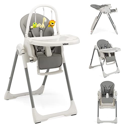 INFANS High Chair for Babies and Toddlers, Foldable Highchair with 7 Different Heights 4 Reclining Backrest Seat 3 Setting Footrest, Removable Tray Built-in Rear Wheels with Locks (Grey)