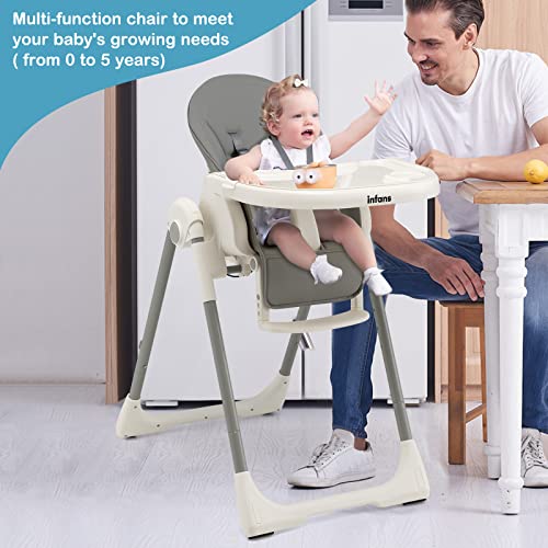 INFANS High Chair for Babies and Toddlers, Foldable Highchair with 7 Different Heights 4 Reclining Backrest Seat 3 Setting Footrest, Removable Tray Built-in Rear Wheels with Locks (Grey)