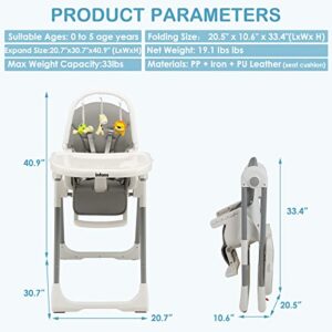 INFANS High Chair for Babies and Toddlers, Foldable Highchair with 7 Different Heights 4 Reclining Backrest Seat 3 Setting Footrest, Removable Tray Built-in Rear Wheels with Locks (Grey)