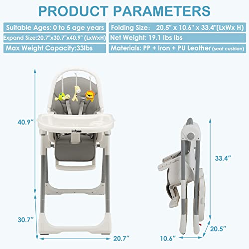 INFANS High Chair for Babies and Toddlers, Foldable Highchair with 7 Different Heights 4 Reclining Backrest Seat 3 Setting Footrest, Removable Tray Built-in Rear Wheels with Locks (Grey)