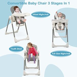 INFANS High Chair for Babies and Toddlers, Foldable Highchair with 7 Different Heights 4 Reclining Backrest Seat 3 Setting Footrest, Removable Tray Built-in Rear Wheels with Locks (Grey)