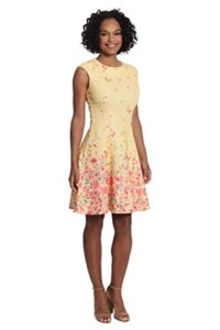 london times women's floral border cap sleeve fit & flare dress, yellow/spiced coral, 4