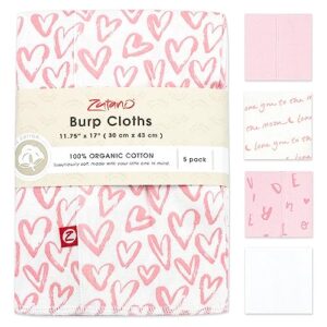 zutano 5-pack organic burp cloths for baby girl & boy, large cotton burping cloths for babies | absorbent baby spit-up rags | gender neutral burp clothes | newborn essentials, pink hearts