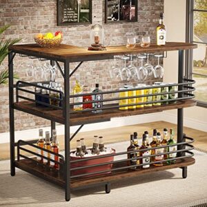 tribesigns l-shaped home bar unit, 3 tier liquor bar table with storage shelves and wine glasses holder, industrial corner wine bar cabinet mini bars for home kitchen pub, rustic brown