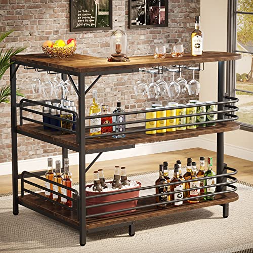 Tribesigns L-Shaped Home Bar Unit, 3 Tier Liquor Bar Table with Storage Shelves and Wine Glasses Holder, Industrial Corner Wine Bar Cabinet Mini Bars for Home Kitchen Pub, Rustic Brown