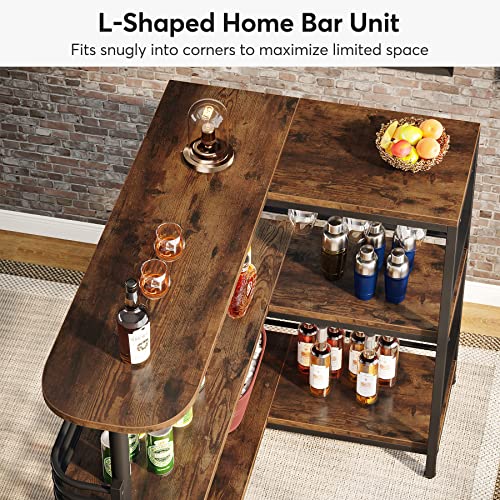 Tribesigns L-Shaped Home Bar Unit, 3 Tier Liquor Bar Table with Storage Shelves and Wine Glasses Holder, Industrial Corner Wine Bar Cabinet Mini Bars for Home Kitchen Pub, Rustic Brown