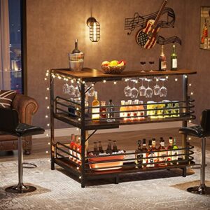 Tribesigns L-Shaped Home Bar Unit, 3 Tier Liquor Bar Table with Storage Shelves and Wine Glasses Holder, Industrial Corner Wine Bar Cabinet Mini Bars for Home Kitchen Pub, Rustic Brown