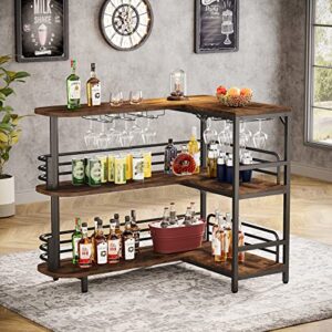 Tribesigns L-Shaped Home Bar Unit, 3 Tier Liquor Bar Table with Storage Shelves and Wine Glasses Holder, Industrial Corner Wine Bar Cabinet Mini Bars for Home Kitchen Pub, Rustic Brown