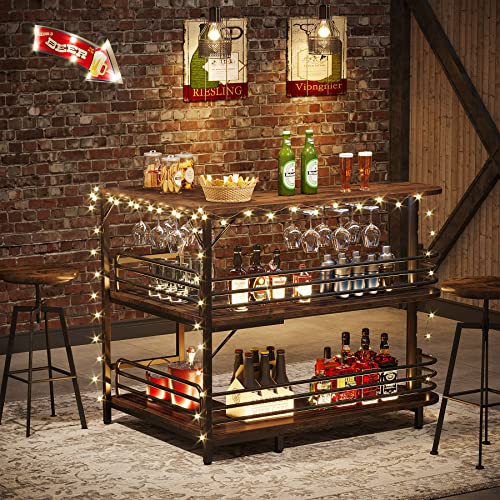 Tribesigns L-Shaped Home Bar Unit, 3 Tier Liquor Bar Table with Storage Shelves and Wine Glasses Holder, Industrial Corner Wine Bar Cabinet Mini Bars for Home Kitchen Pub, Rustic Brown