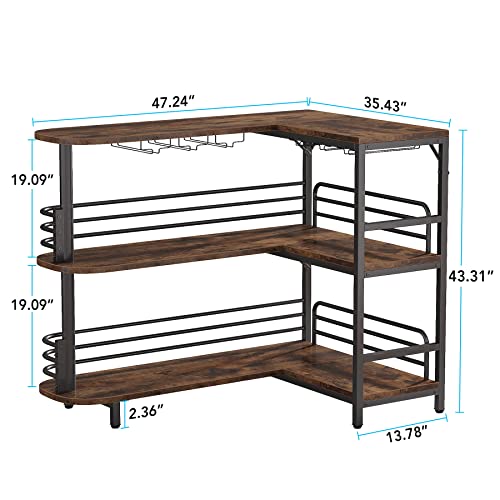 Tribesigns L-Shaped Home Bar Unit, 3 Tier Liquor Bar Table with Storage Shelves and Wine Glasses Holder, Industrial Corner Wine Bar Cabinet Mini Bars for Home Kitchen Pub, Rustic Brown