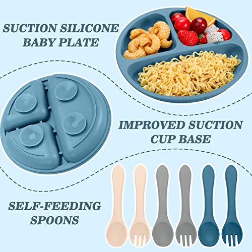 18 Pcs Silicone Baby Feeding Set Infant Dinnerware Adjustable Silicone Toddler Bibs Baby Plates and Bowls Set Suction Bowls Divided Plates Spoons Fork Cups Utensils(Beige, Dark Blue, Gray)