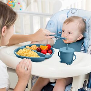 18 Pcs Silicone Baby Feeding Set Infant Dinnerware Adjustable Silicone Toddler Bibs Baby Plates and Bowls Set Suction Bowls Divided Plates Spoons Fork Cups Utensils(Beige, Dark Blue, Gray)