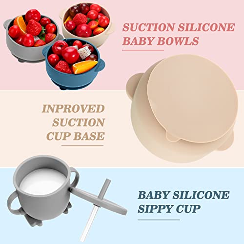 18 Pcs Silicone Baby Feeding Set Infant Dinnerware Adjustable Silicone Toddler Bibs Baby Plates and Bowls Set Suction Bowls Divided Plates Spoons Fork Cups Utensils(Beige, Dark Blue, Gray)