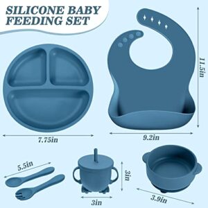 18 Pcs Silicone Baby Feeding Set Infant Dinnerware Adjustable Silicone Toddler Bibs Baby Plates and Bowls Set Suction Bowls Divided Plates Spoons Fork Cups Utensils(Beige, Dark Blue, Gray)