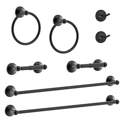 Chihod 8-Pieces Bathroom Hardware Set, 14/24 Towel Bar for Bathroom, Towel Ring Wall Mounted, Matte Black Toilet Paper Holder, Robe Towel Hooks Steel, Hand Towel Holder, Bathroom Accessories Set