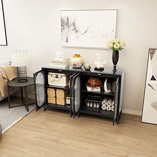 FOKWE Modern Accent Sideboard Cabinet with Glass Doors, Freestanding Storage Cupboard Console Table for Kitchen Dining Living Room Hallway Office,Black