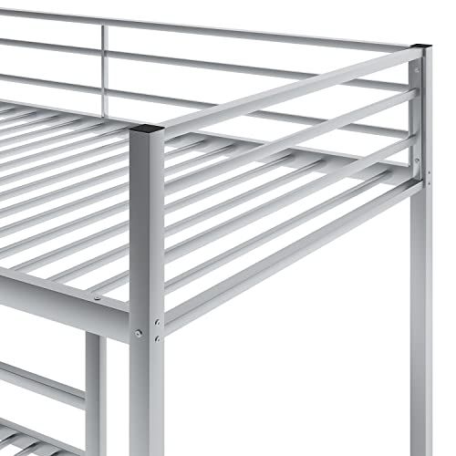 Heavy Duty Metal Twin Over Twin Low Bunk Bed for Bedroom, Small Living Space, Bunk Bed with Ladder and Full-Length Guardrail,Space-Saving Design,Low Bunk Bed for Boys and Girls Adults Teens (Silver)