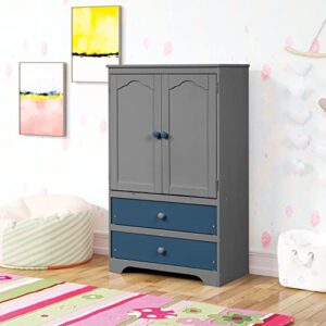 softsea kids armoire wardrobe closet with drawers and hanging rod, wooden storage wardrobe with adjustable shelf and 2 doors, freestanding wardrobe cabinet for bedroom, kids' room (gray + blue)
