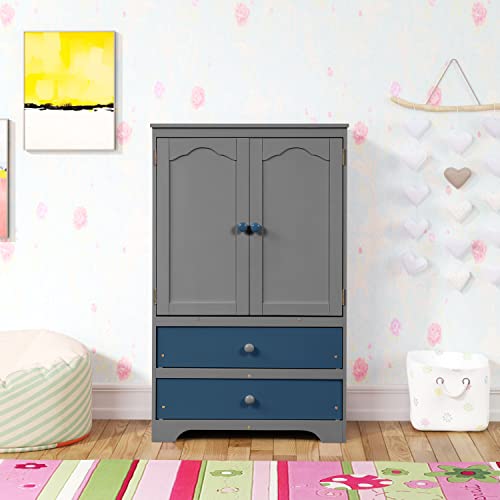 SOFTSEA Kids Armoire Wardrobe Closet with Drawers and Hanging Rod, Wooden Storage Wardrobe with Adjustable Shelf and 2 Doors, Freestanding Wardrobe Cabinet for Bedroom, Kids' Room (Gray + Blue)