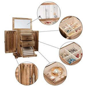 Jwinkumy Jewelry Box Wooden Rustic Large Organizer with Mirror, 4 Layer Jewelry Display Cabinet for Earring Ring Necklace Bracelet Gift for Women Girls