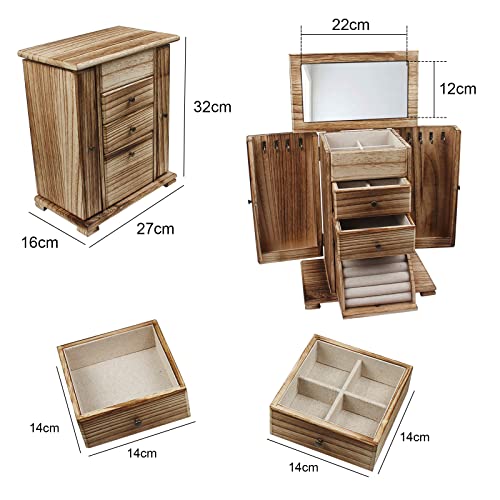 Jwinkumy Jewelry Box Wooden Rustic Large Organizer with Mirror, 4 Layer Jewelry Display Cabinet for Earring Ring Necklace Bracelet Gift for Women Girls