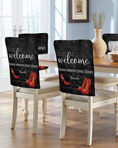 dining chair back covers, welcome please remove your shoes thanks red high heel vintage black wooden chair covers chair slipcovers protective covers for holiday party festival decoration, set of 4