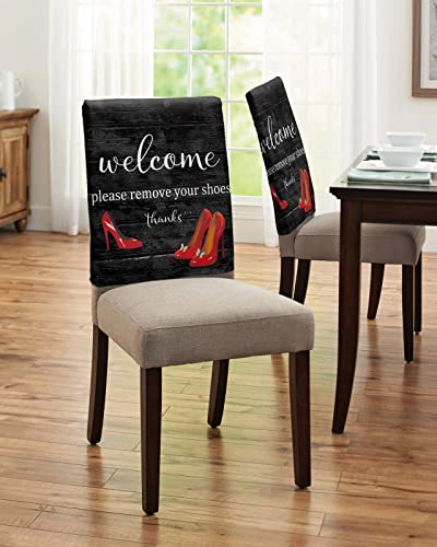 Dining Chair Back Covers, Welcome Please Remove Your Shoes Thanks Red High Heel Vintage Black Wooden Chair Covers Chair Slipcovers Protective Covers for Holiday Party Festival Decoration, Set of 4