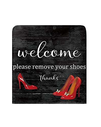 Dining Chair Back Covers, Welcome Please Remove Your Shoes Thanks Red High Heel Vintage Black Wooden Chair Covers Chair Slipcovers Protective Covers for Holiday Party Festival Decoration, Set of 4