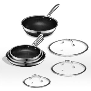 hexclad 7 piece hybrid stainless steel cookware set - 6 pc pan set with lids and 10 inch wok, stay cool handle, dishwasher and oven safe, non-stick