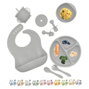 Baby Led Weaning 10 Piece Feeding Eating Supplies | Strong Suction Plate Silicone Cup Snack Lid Drink Lid with Straw Silicone Suction Bowl Bib Spoons Forks Baby Tableware Set 6MonthsToToddler(Grey)